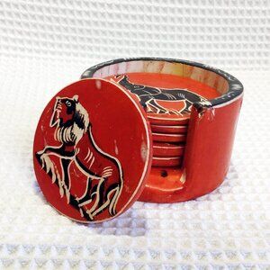 African Animals Hand Carved Kisii Soapstone Coasters-Set of 6-Black/Red/White